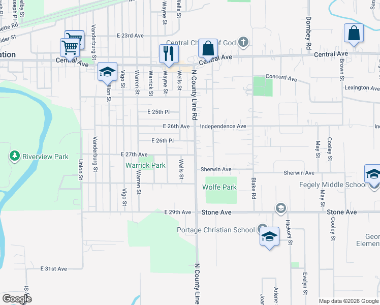 map of restaurants, bars, coffee shops, grocery stores, and more near 26th Place in Lake Station