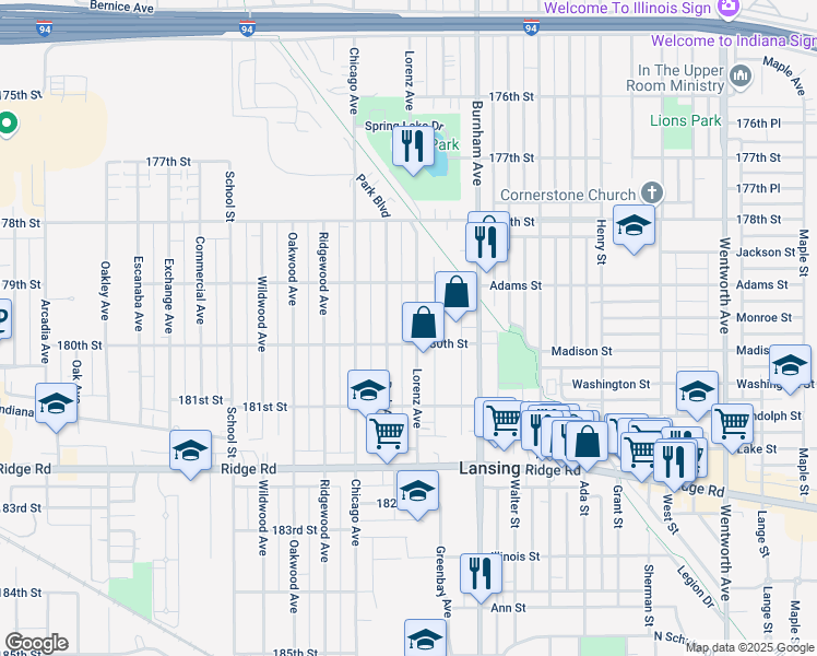 map of restaurants, bars, coffee shops, grocery stores, and more near 17921 Lorenz Avenue in Lansing