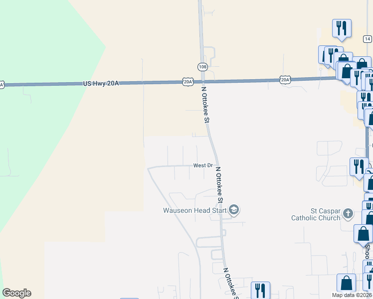 map of restaurants, bars, coffee shops, grocery stores, and more near 1358 North Park Lane in Wauseon