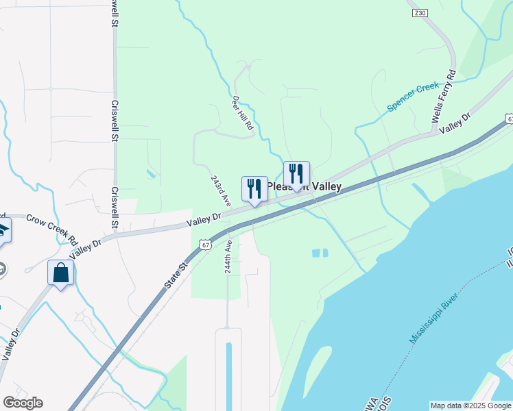 map of restaurants, bars, coffee shops, grocery stores, and more near Valley Drive in Riverdale
