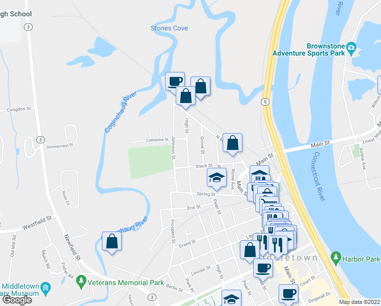 map of restaurants, bars, coffee shops, grocery stores, and more near 618 High Street in Middletown
