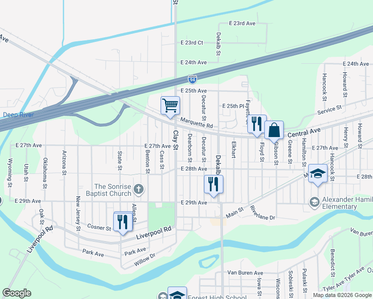 map of restaurants, bars, coffee shops, grocery stores, and more near 2712 Dearborn Street in Gary