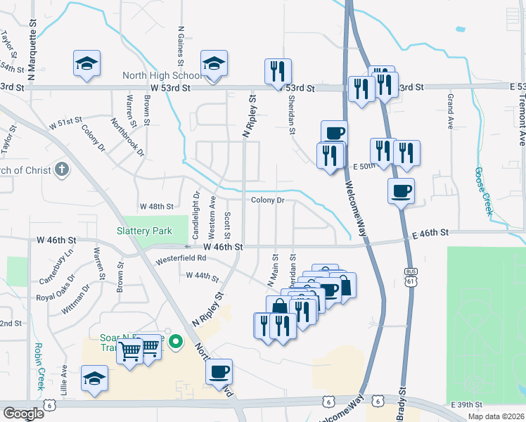 map of restaurants, bars, coffee shops, grocery stores, and more near 4800-4826 Main Ct in Davenport