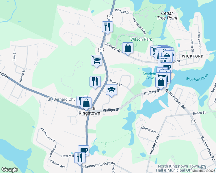 map of restaurants, bars, coffee shops, grocery stores, and more near 185 Tower Hill Road in North Kingstown
