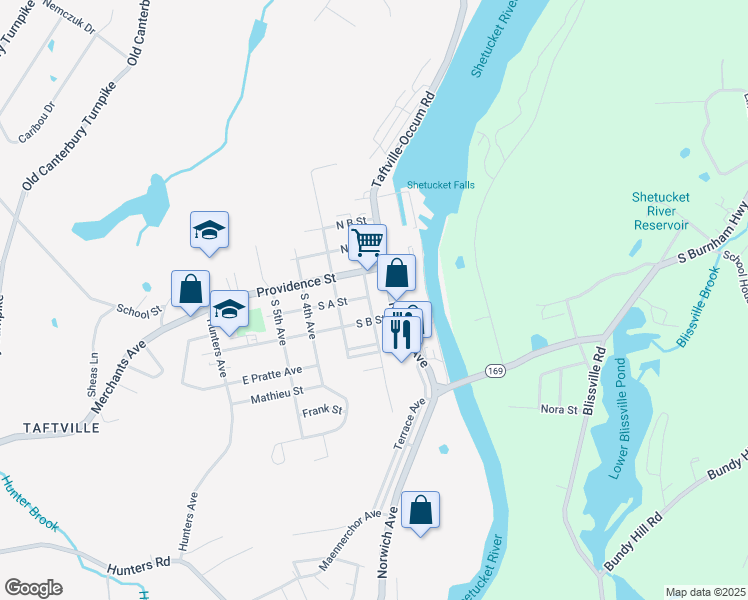 map of restaurants, bars, coffee shops, grocery stores, and more near 582 Norwich Avenue in Norwich