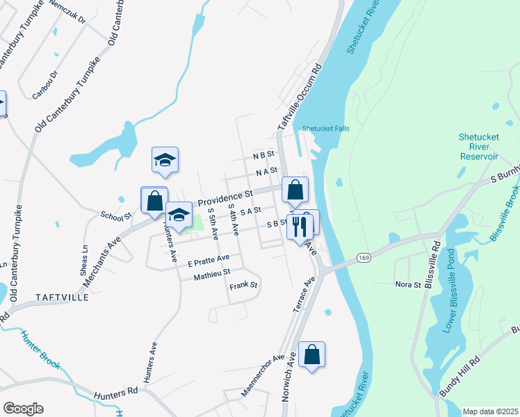 map of restaurants, bars, coffee shops, grocery stores, and more near 36 Providence Street in Norwich