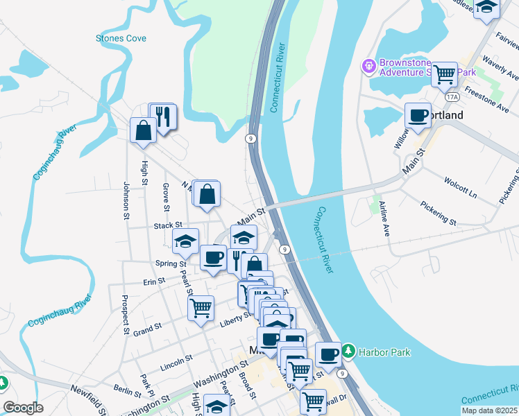 map of restaurants, bars, coffee shops, grocery stores, and more near 22 Miller Street in Middletown