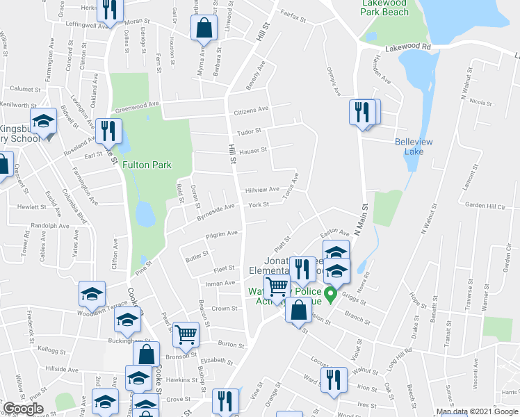 map of restaurants, bars, coffee shops, grocery stores, and more near 56 Hillview Avenue in Waterbury