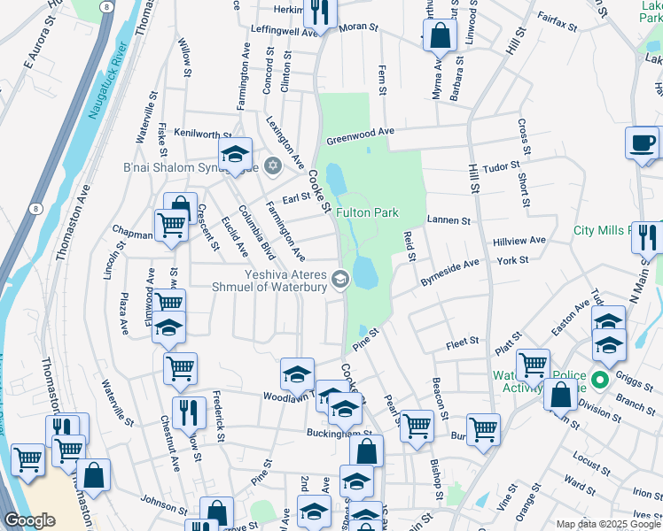 map of restaurants, bars, coffee shops, grocery stores, and more near 429 Cooke Street in Waterbury