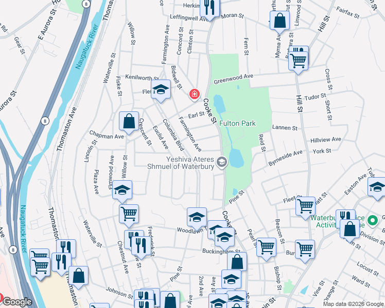 map of restaurants, bars, coffee shops, grocery stores, and more near 86 Farmington Avenue in Waterbury