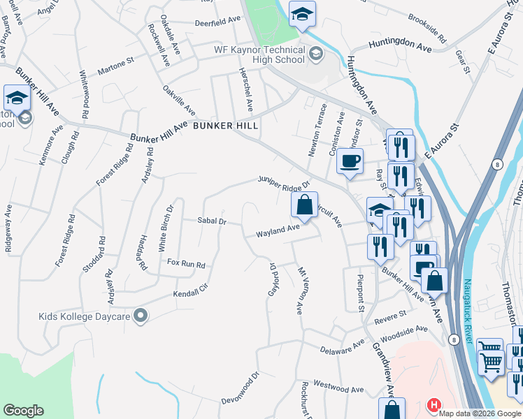 map of restaurants, bars, coffee shops, grocery stores, and more near 14 Arbutus Bend in Waterbury