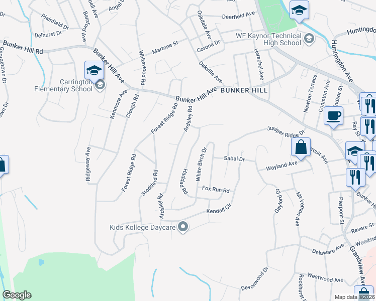 map of restaurants, bars, coffee shops, grocery stores, and more near 127 Ardsley Road in Waterbury