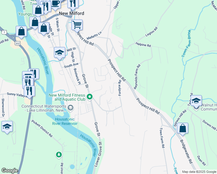 map of restaurants, bars, coffee shops, grocery stores, and more near 42 Upper Valley Drive in New Milford