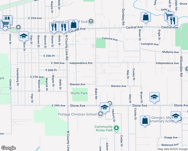 map of restaurants, bars, coffee shops, grocery stores, and more near 2846 Blake Road in Portage