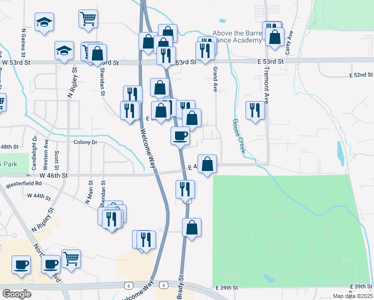 map of restaurants, bars, coffee shops, grocery stores, and more near 4711 North Brady Street in Davenport