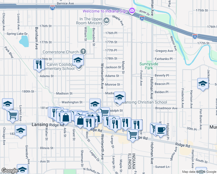 map of restaurants, bars, coffee shops, grocery stores, and more near 17917 Wentworth Avenue in Lansing