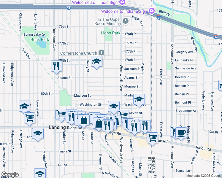 map of restaurants, bars, coffee shops, grocery stores, and more near 3528 Monroe Street in Lansing