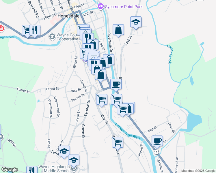 map of restaurants, bars, coffee shops, grocery stores, and more near 119 5th Street in Honesdale