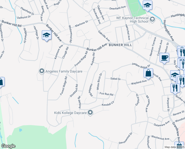 map of restaurants, bars, coffee shops, grocery stores, and more near 127 Ardsley Road in Waterbury