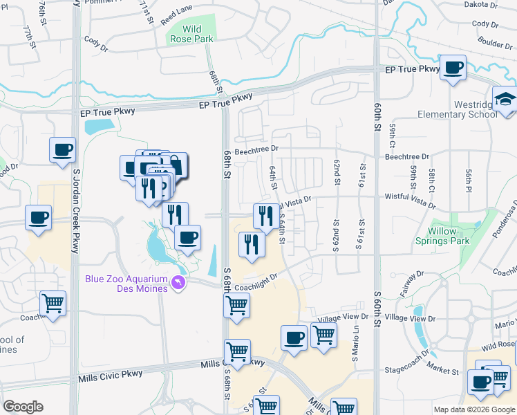 map of restaurants, bars, coffee shops, grocery stores, and more near 6565 Wistful Vista Drive in West Des Moines