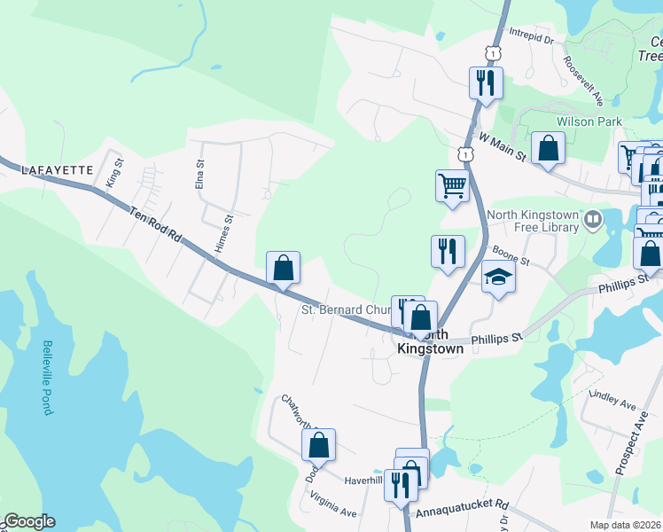 map of restaurants, bars, coffee shops, grocery stores, and more near 159 Ten Rod Road in North Kingstown