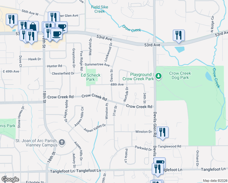 map of restaurants, bars, coffee shops, grocery stores, and more near 3081 48th Avenue in Bettendorf