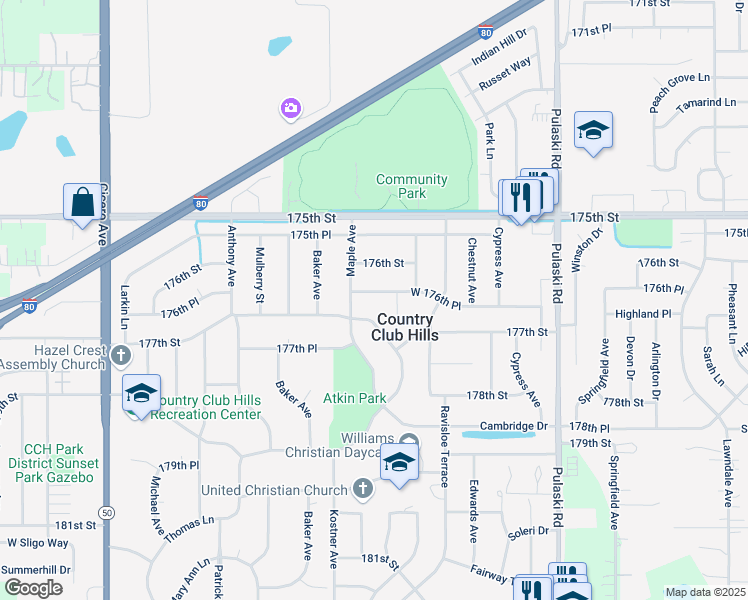 map of restaurants, bars, coffee shops, grocery stores, and more near 4316 176th Place in Country Club Hills