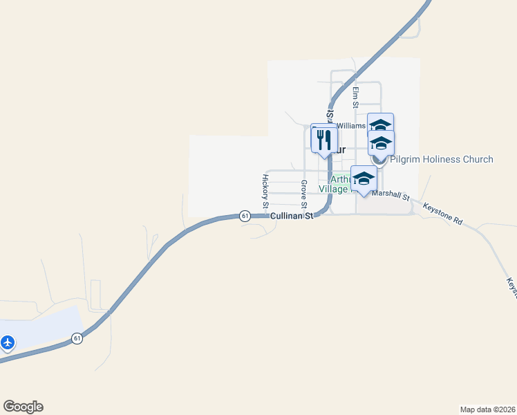 map of restaurants, bars, coffee shops, grocery stores, and more near 117 Hickory Street in Arthur