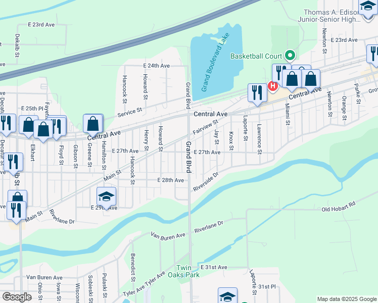 map of restaurants, bars, coffee shops, grocery stores, and more near 1900 East 27th Avenue in Lake Station