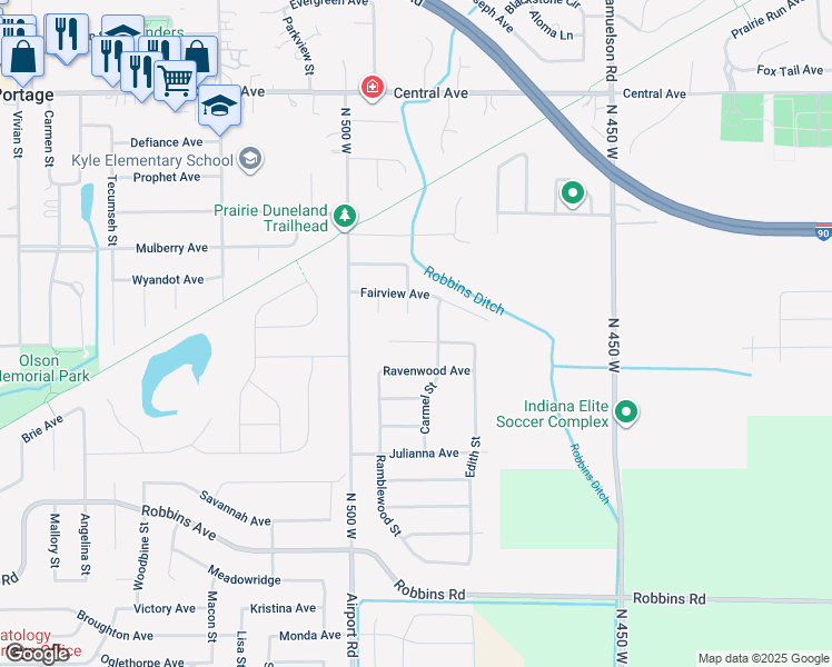 map of restaurants, bars, coffee shops, grocery stores, and more near 2800-2862 Carmel St in Portage