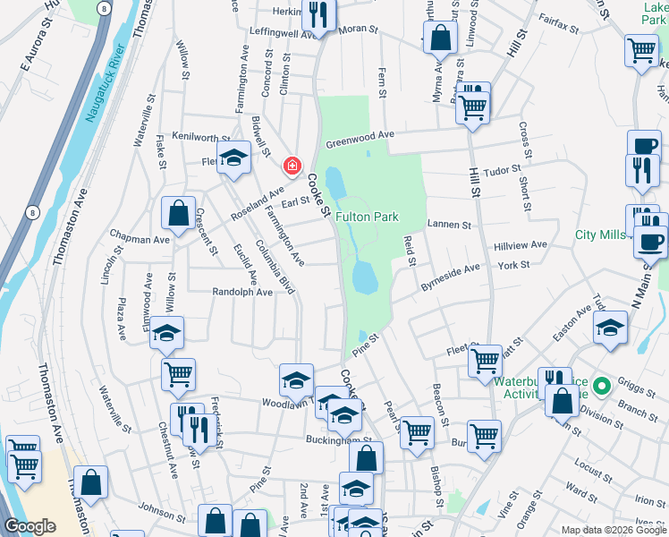 map of restaurants, bars, coffee shops, grocery stores, and more near 429 Cooke Street in Waterbury