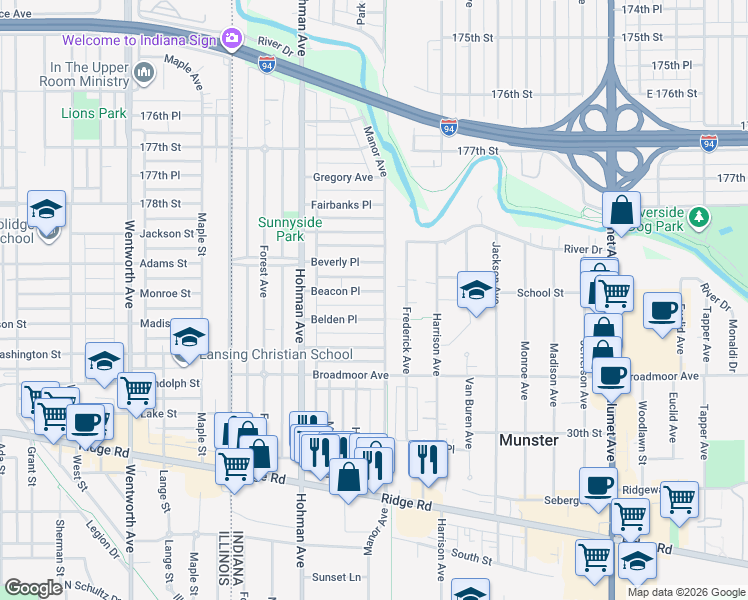 map of restaurants, bars, coffee shops, grocery stores, and more near 320 Beacon Place in Munster