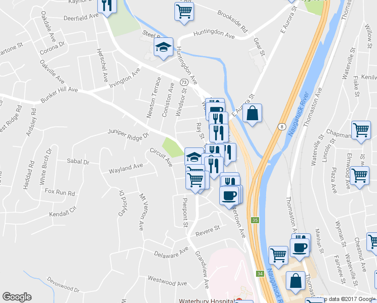 map of restaurants, bars, coffee shops, grocery stores, and more near 224 Bunker Hill Avenue in Waterbury