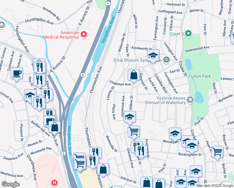 map of restaurants, bars, coffee shops, grocery stores, and more near 32 Wildwood Avenue in Waterbury