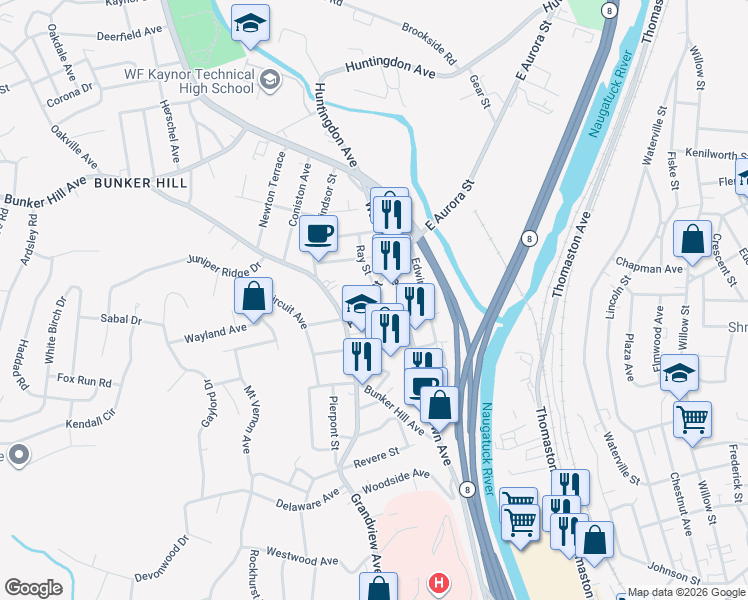 map of restaurants, bars, coffee shops, grocery stores, and more near 26 Aurora Street in Waterbury