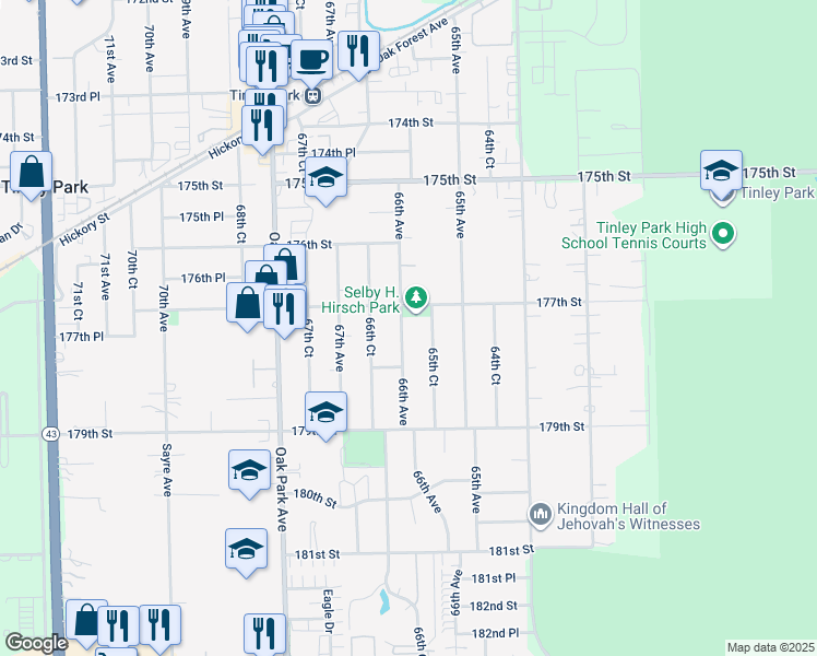 map of restaurants, bars, coffee shops, grocery stores, and more near 6550 177th Street in Tinley Park