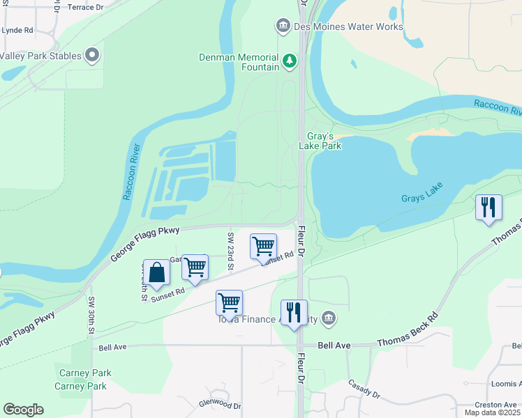 map of restaurants, bars, coffee shops, grocery stores, and more near 2201 George Flagg Parkway in Des Moines