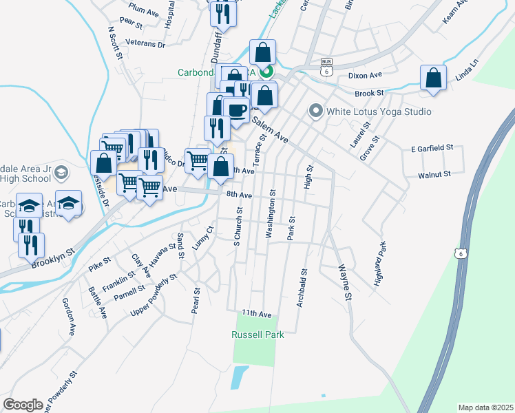 map of restaurants, bars, coffee shops, grocery stores, and more near 67 8th Avenue in Carbondale