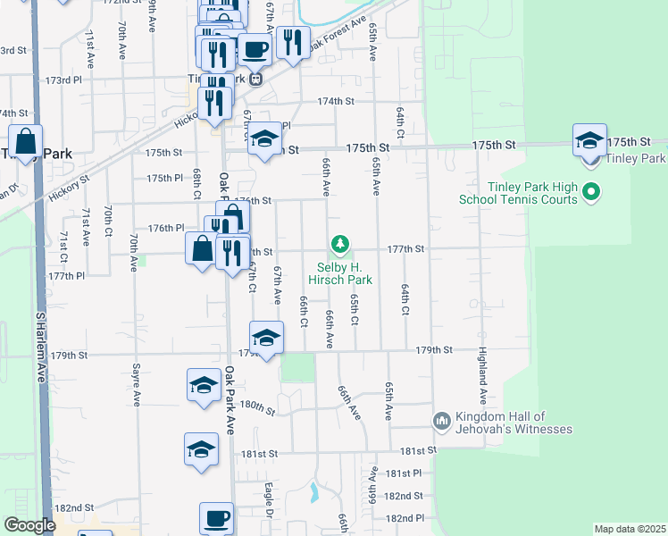 map of restaurants, bars, coffee shops, grocery stores, and more near 6550 177th Street in Tinley Park