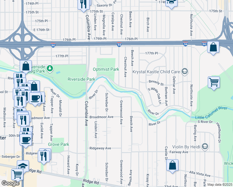 map of restaurants, bars, coffee shops, grocery stores, and more near 1323 River Drive North in Munster
