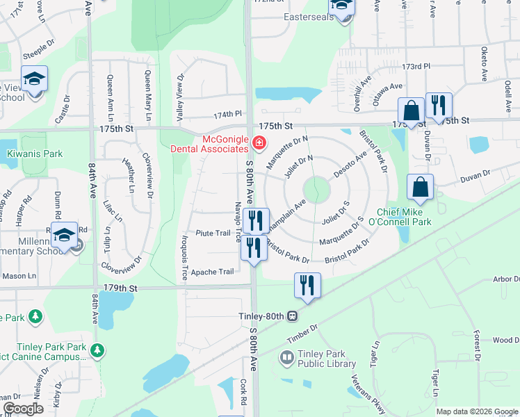 map of restaurants, bars, coffee shops, grocery stores, and more near 7971 Marquette Drive North in Tinley Park