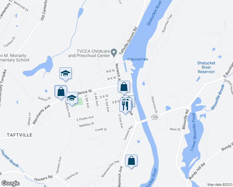 map of restaurants, bars, coffee shops, grocery stores, and more near 19 South 2nd Avenue in Norwich