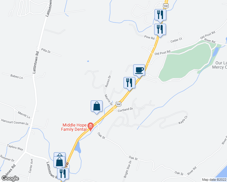 map of restaurants, bars, coffee shops, grocery stores, and more near 105 Parr Meadow Drive in Newburgh
