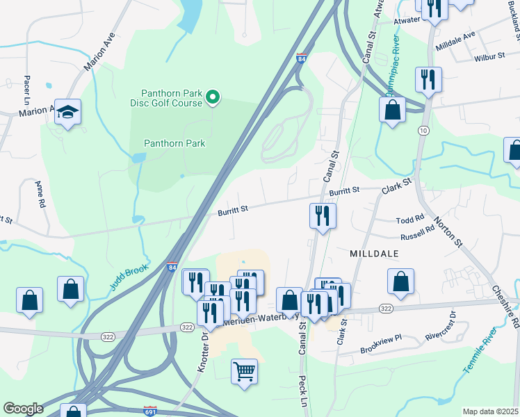 map of restaurants, bars, coffee shops, grocery stores, and more near 150 Burritt Street in Southington