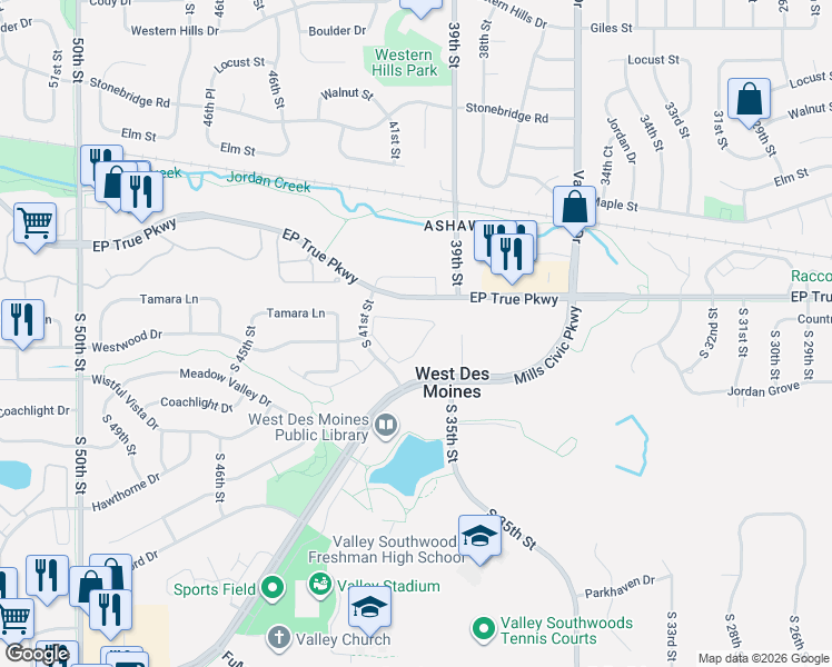 map of restaurants, bars, coffee shops, grocery stores, and more near 210 South 41st Street in West Des Moines