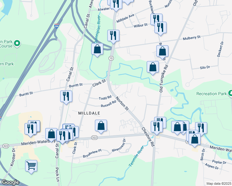map of restaurants, bars, coffee shops, grocery stores, and more near 33 Norton Street in Southington