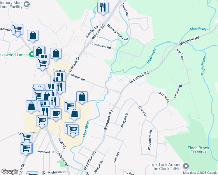 map of restaurants, bars, coffee shops, grocery stores, and more near 52 Sharon Road in Waterbury