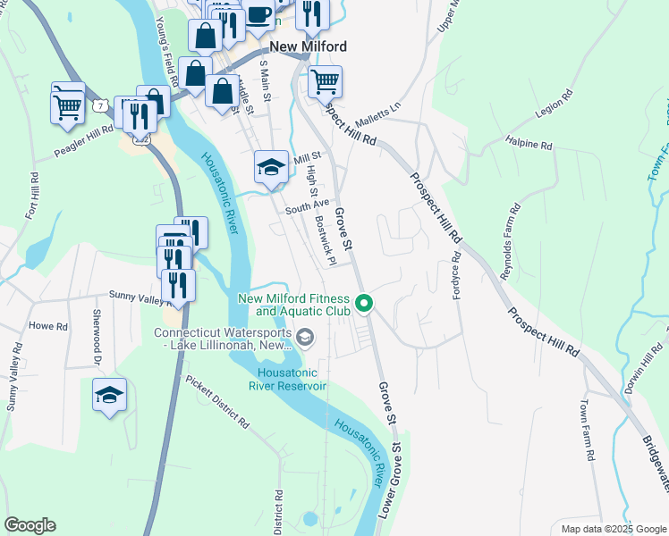 map of restaurants, bars, coffee shops, grocery stores, and more near 21 Bostwick Place in New Milford