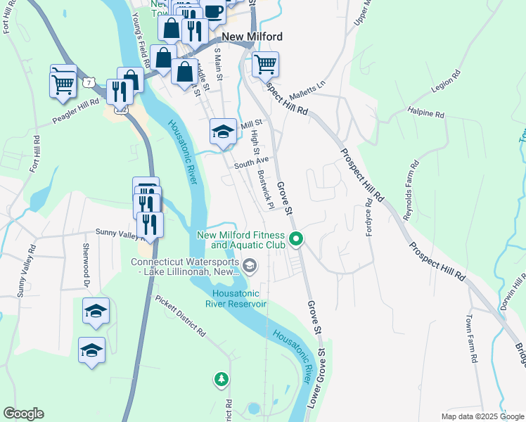 map of restaurants, bars, coffee shops, grocery stores, and more near 17 Bostwick Arms in New Milford
