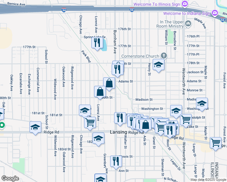 map of restaurants, bars, coffee shops, grocery stores, and more near 17936 Burnham Avenue in Lansing